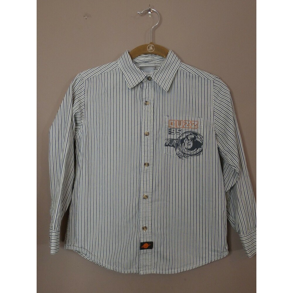 Vtg Disney Store Boy's M 7/8 Buzz Lightyear Button Up Shirt Stripe Toy Story